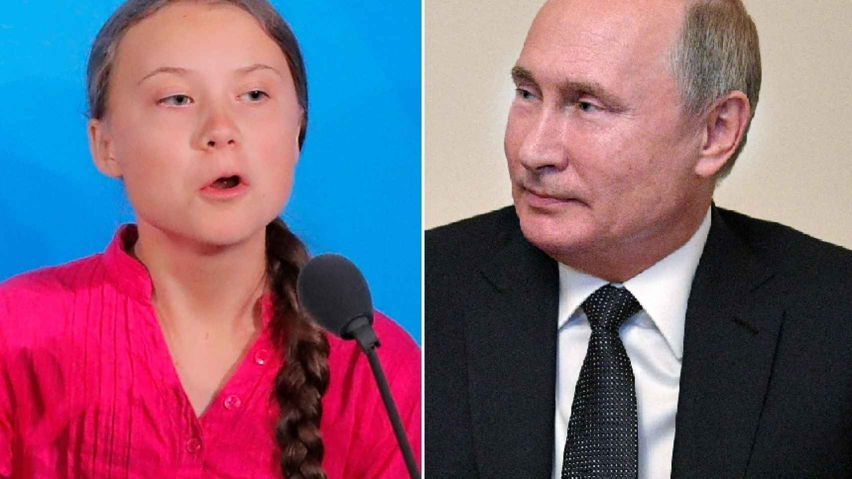 La activista Greta Thunberg y el presidente de Rusia, Vladimir Putin.