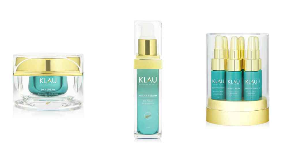Montaje con los productos Klau Beauty (de izq. a dcha): crema, serúm y beauty bomb.