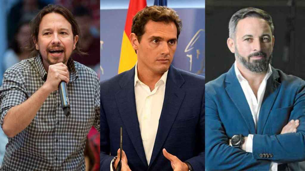 Pablo Iglesias, Albert Rivera y Santiago Abascal están empatados en número de escaños, según el sondeo de SocioMétrica.