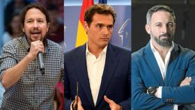 Pablo Iglesias, Albert Rivera y Santiago Abascal están empatados en número de escaños, según el sondeo de SocioMétrica.