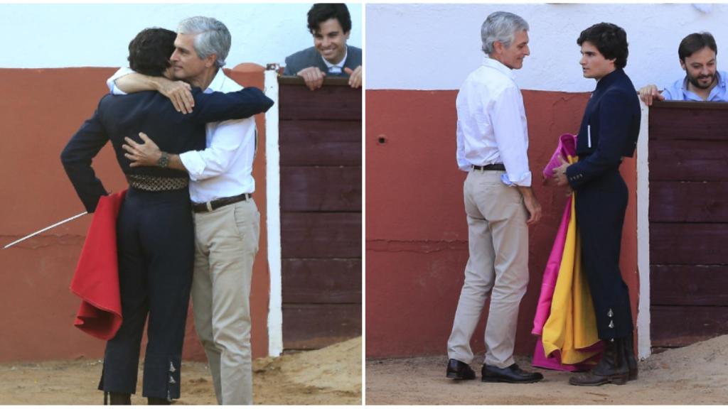 Adolfo Suárez Illana, muy emocionado al abrazar a su hijo en su debut taurino.