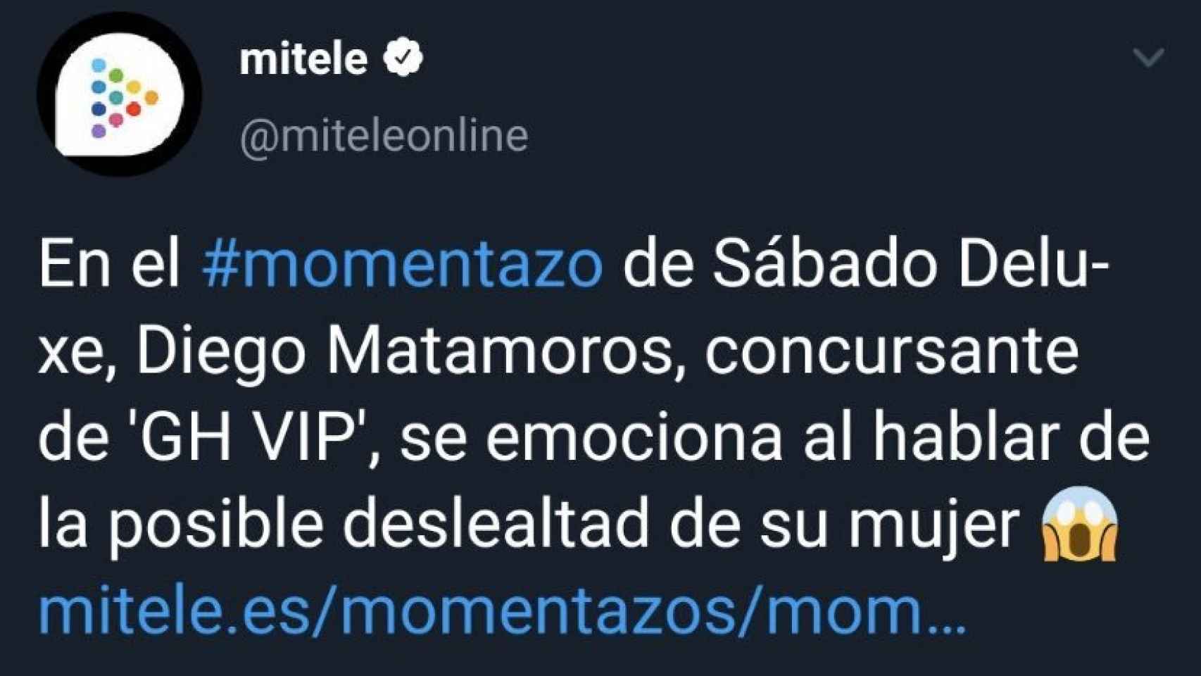 Captura del tweet que describía a Diego Matamoros como concursante de 'GH VIP'.