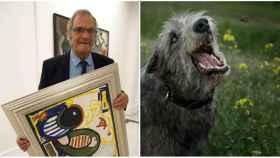 A la izquierda, el pintor gallego Labajjo Grandío. A la derecha, la imagen de un perro lobero.