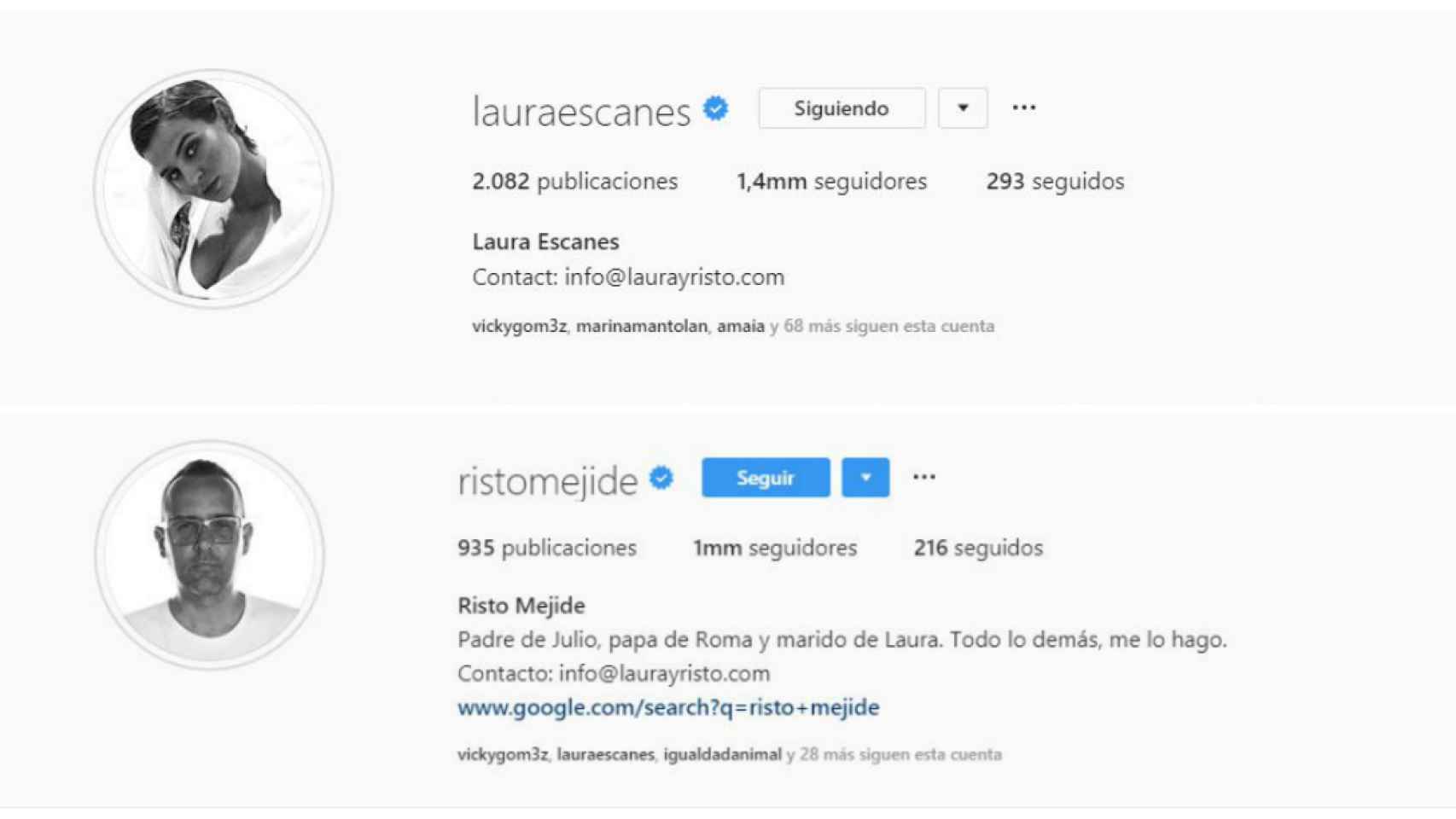Captura de los perfiles de Instagram de Risto y Laura.