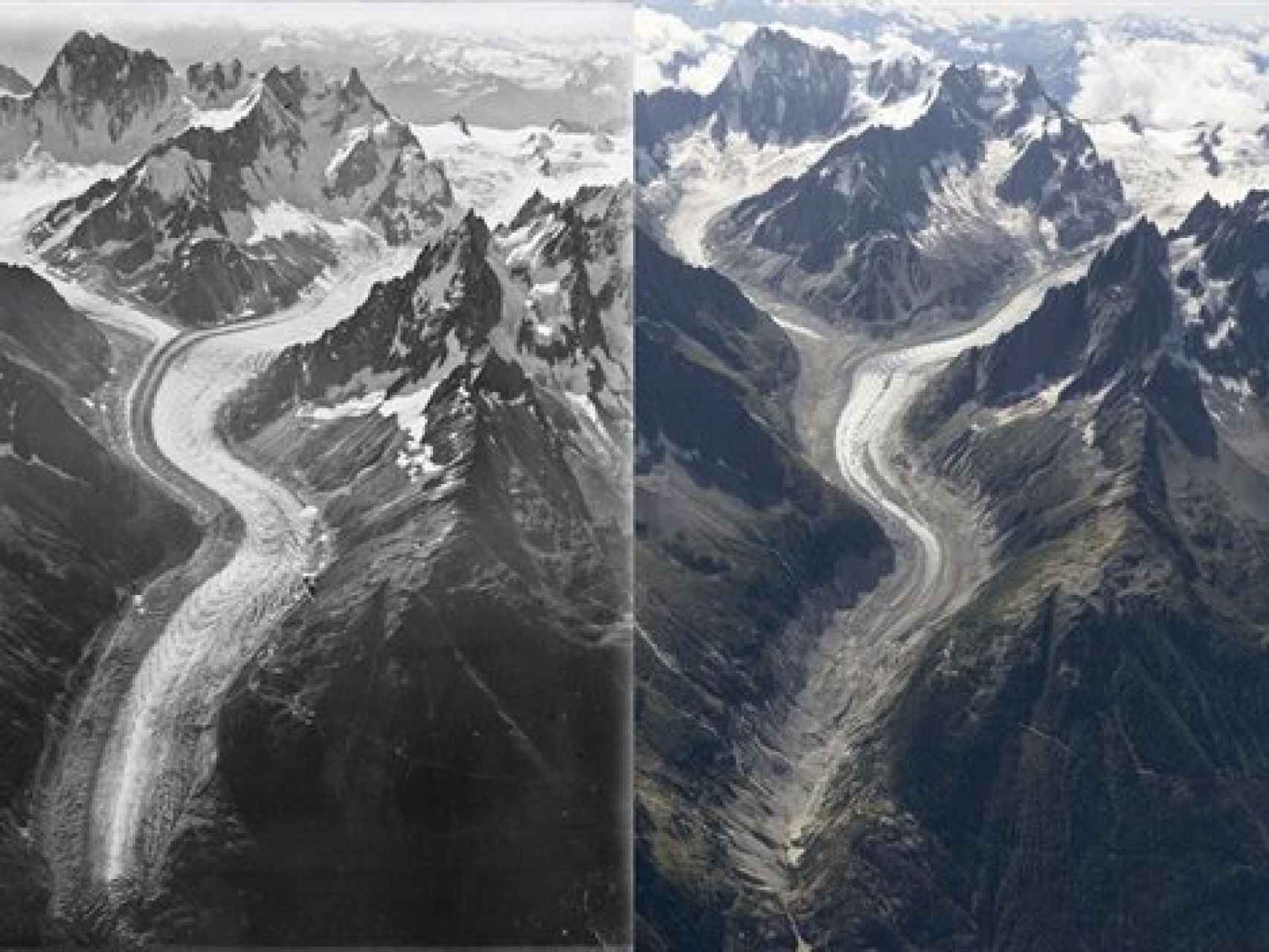 Comparativa de glaciar Mer du Glace entre 1919 y 2019.