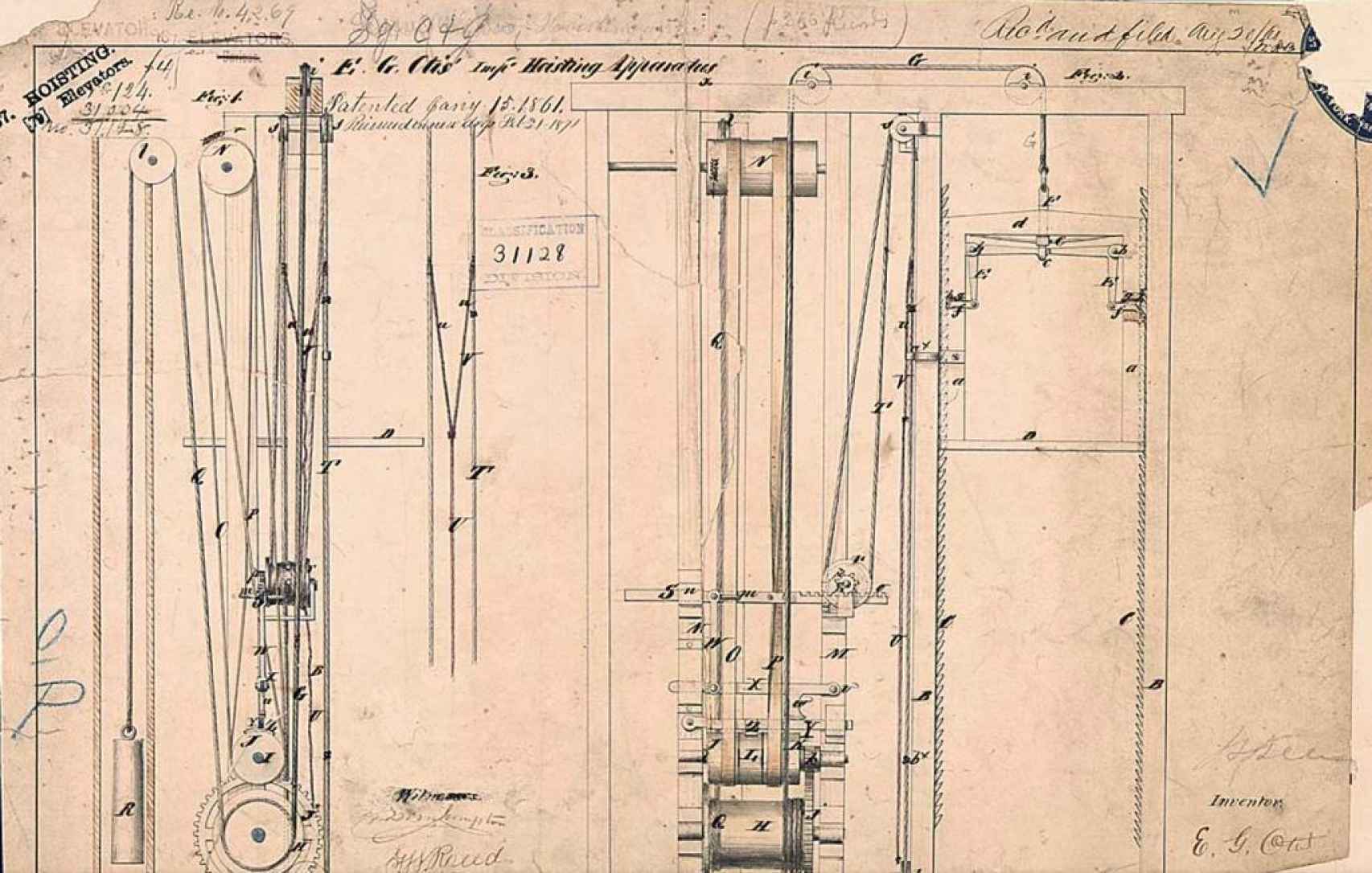 Patente de Elisha Otis del primer ascensor el 15 de enero de 1861.