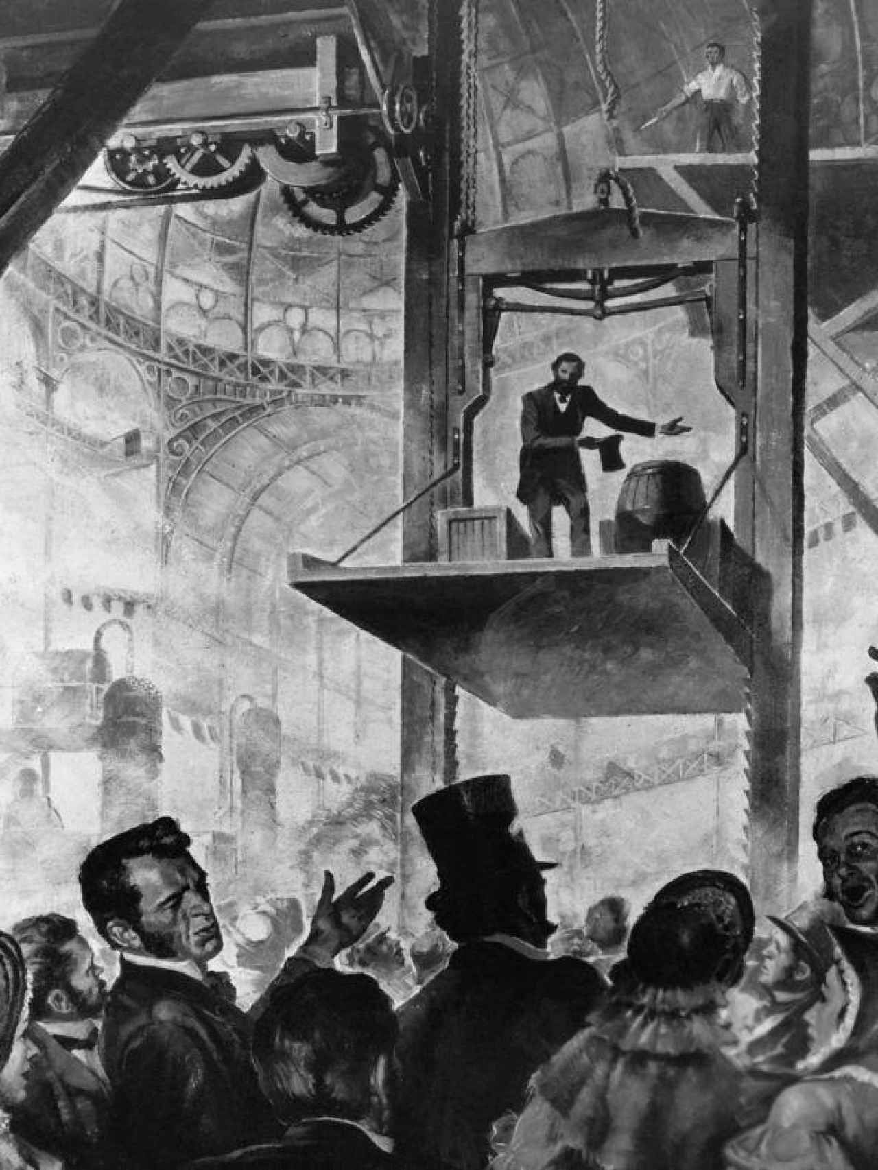 Elisha Otis, presentando su ascensor en Nueva York.