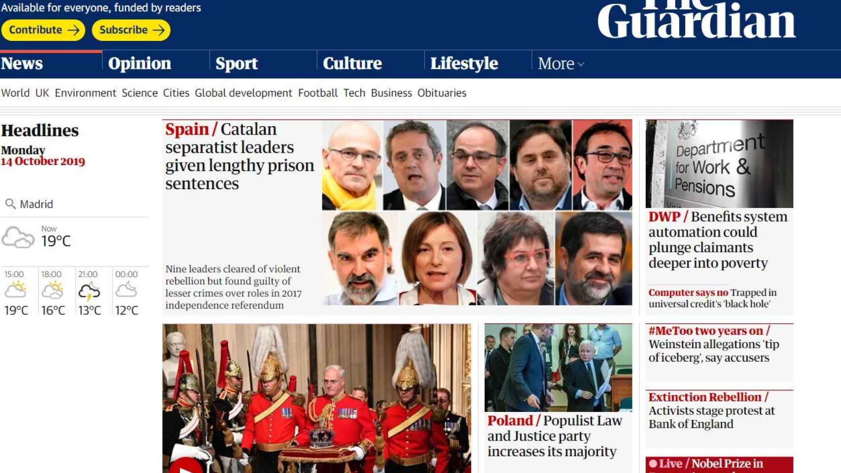 La portada de The Guardian con la noticia de la sentencia del 'procés'.