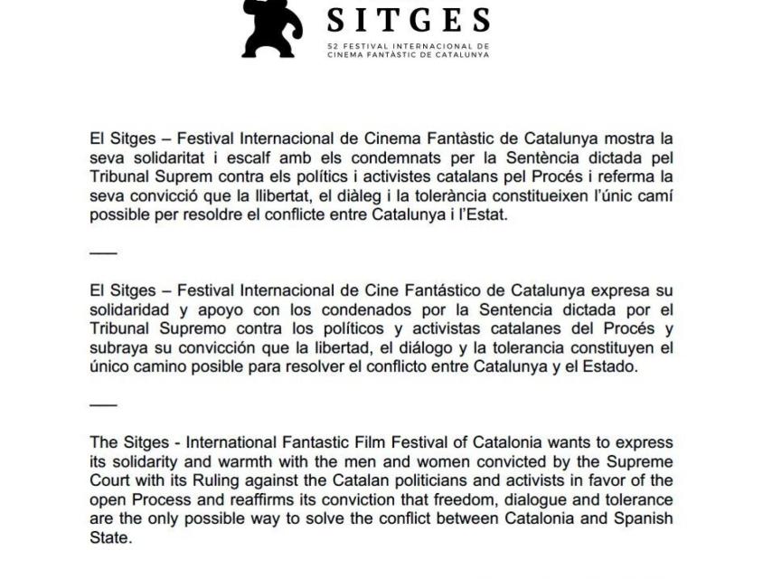 Comunicado del Festival de Sitges.