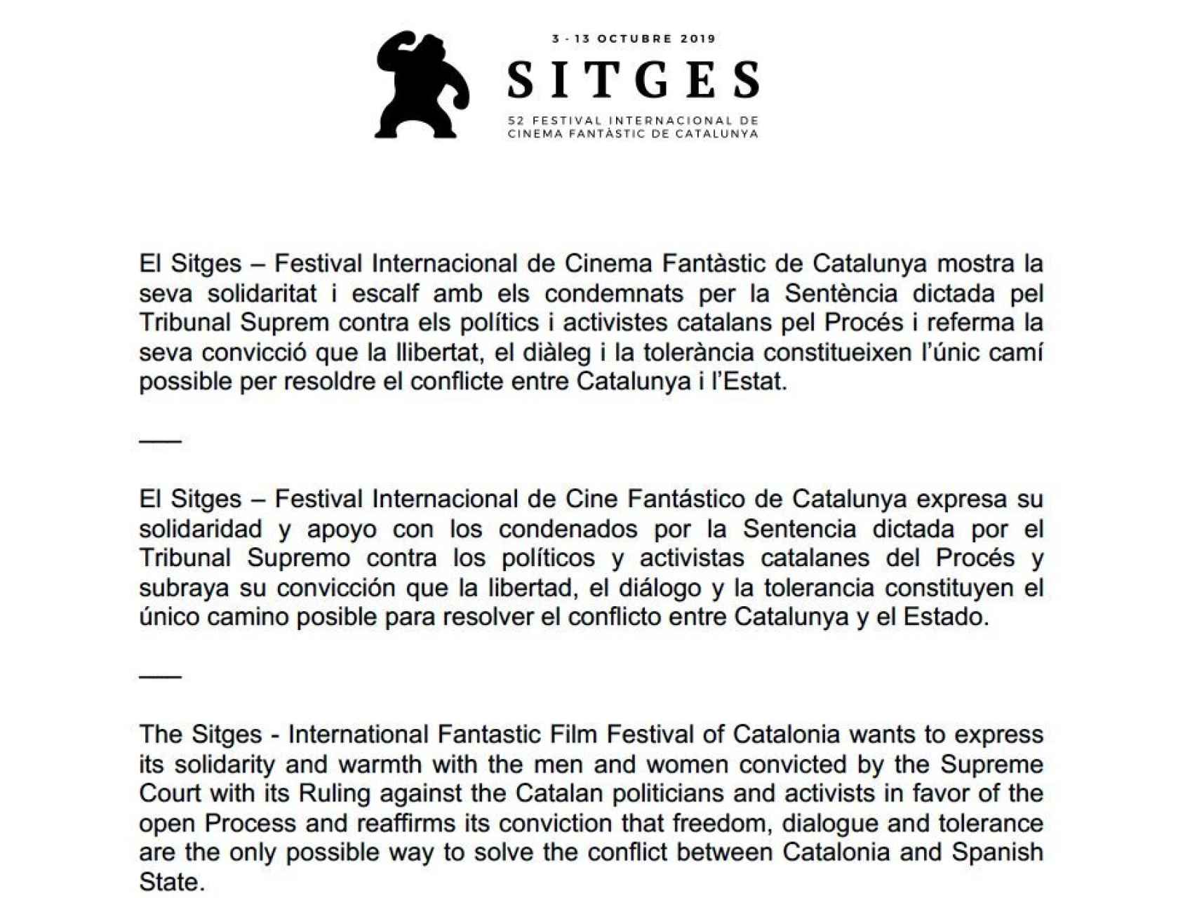 Comunicado del Festival de Sitges.