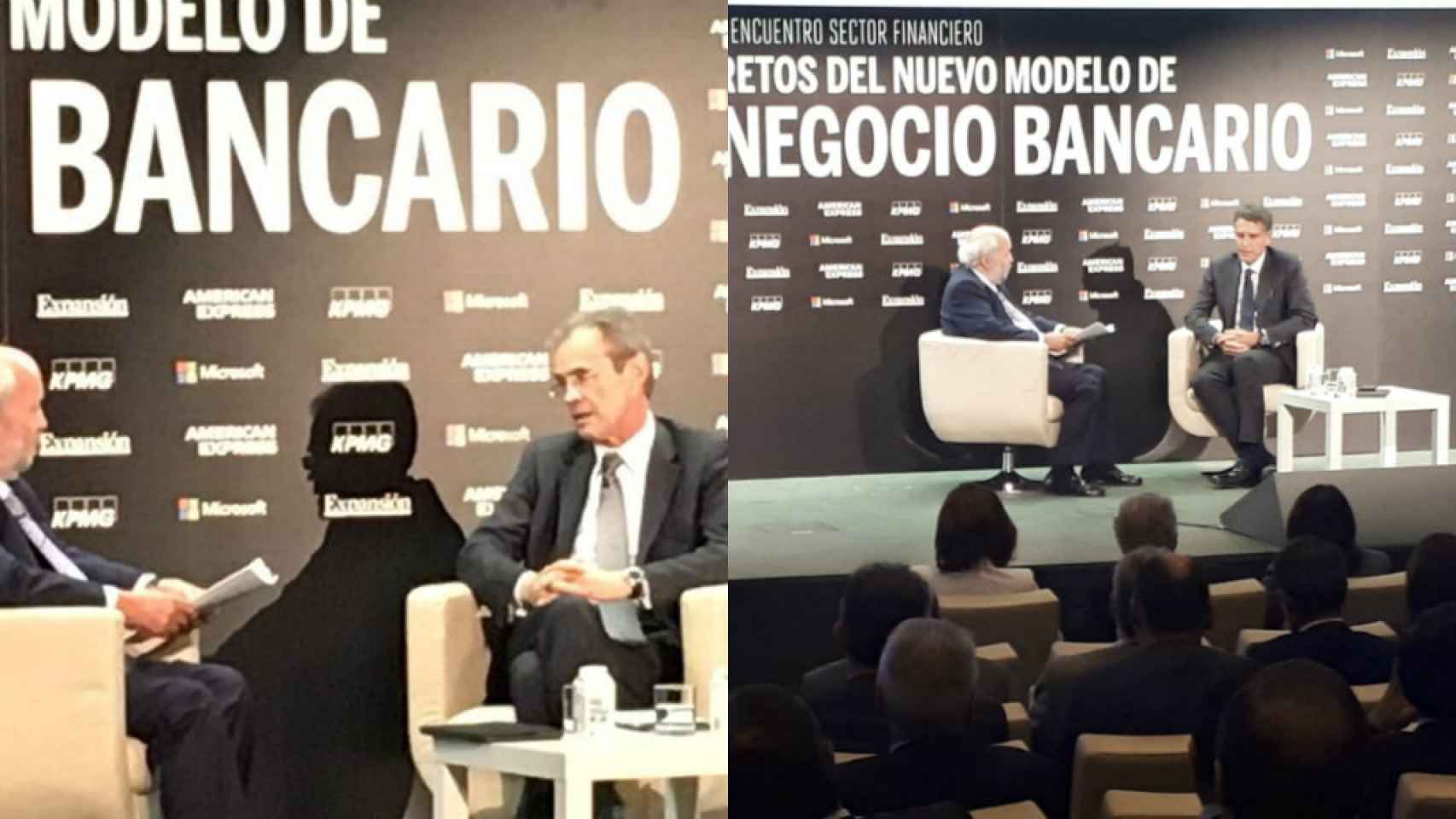 Jordi Gual, presidente de Caixabank y Jaime Guardiola, CEO de Banco Sabadell, durante sus intervenciones en el X Encuentro sobre el sector financiero.