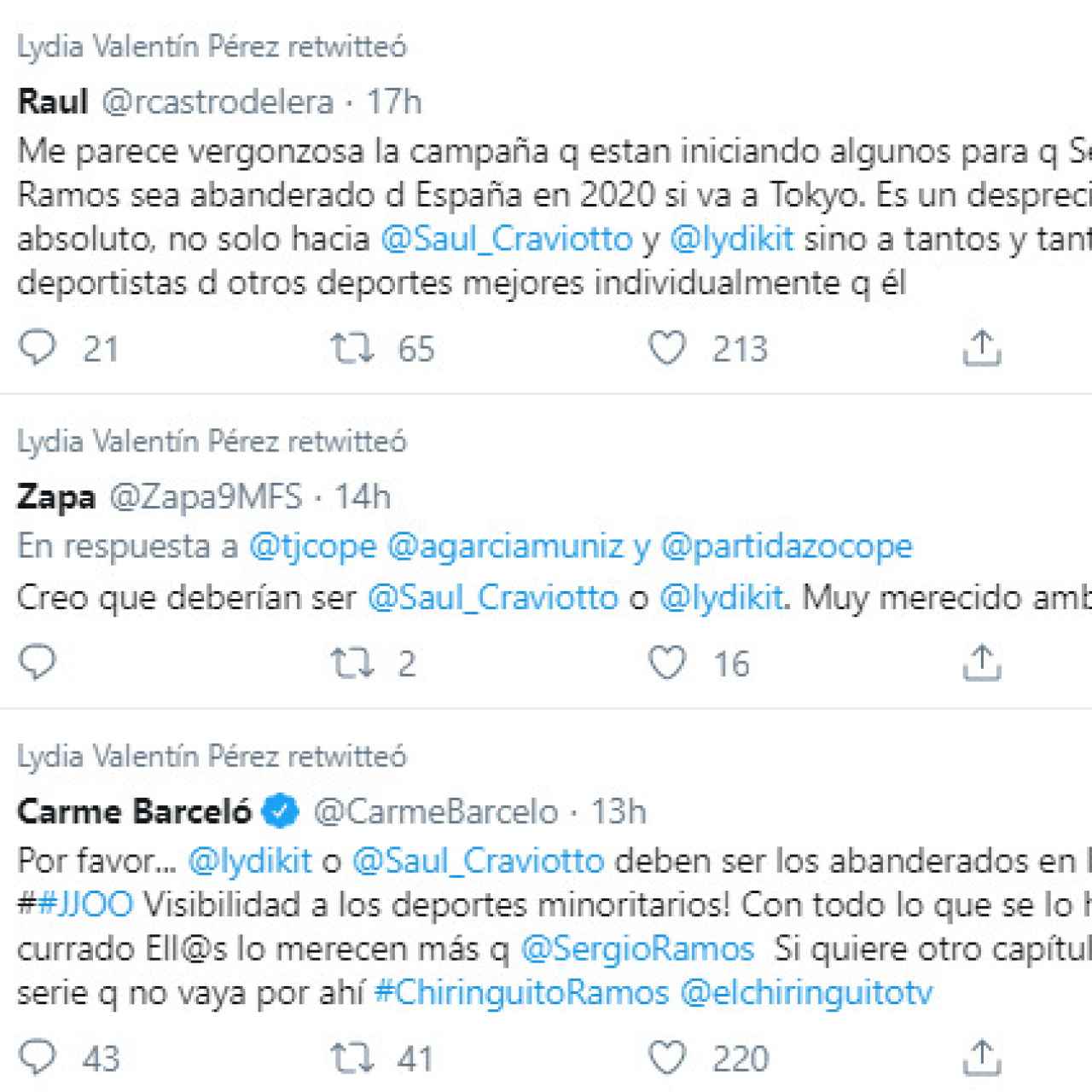 Los retuits de Lydia Valentín sobre la posibilidad de que Ramos sea abanderado