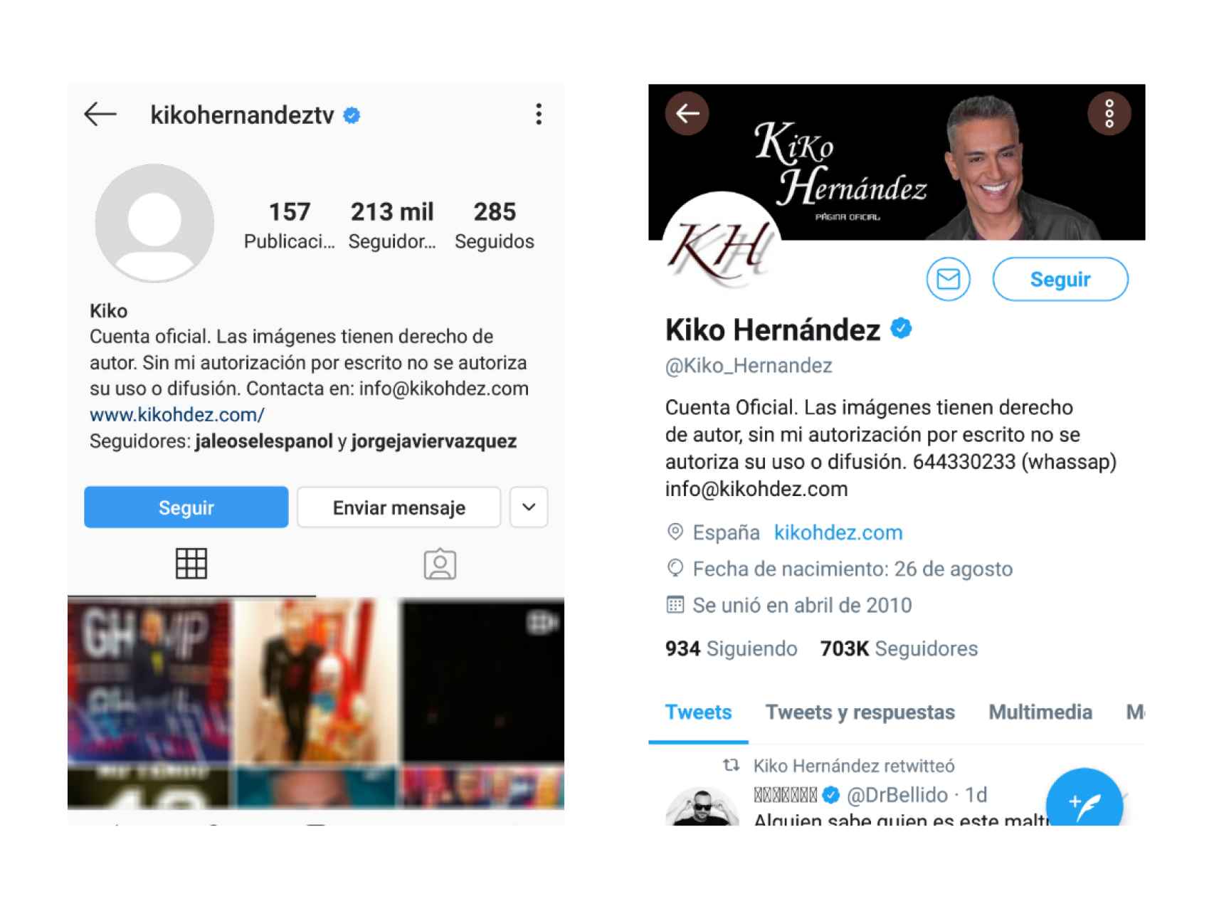 Capturas de los perfiles de Kiko Hernández en Instagram y Twitter.