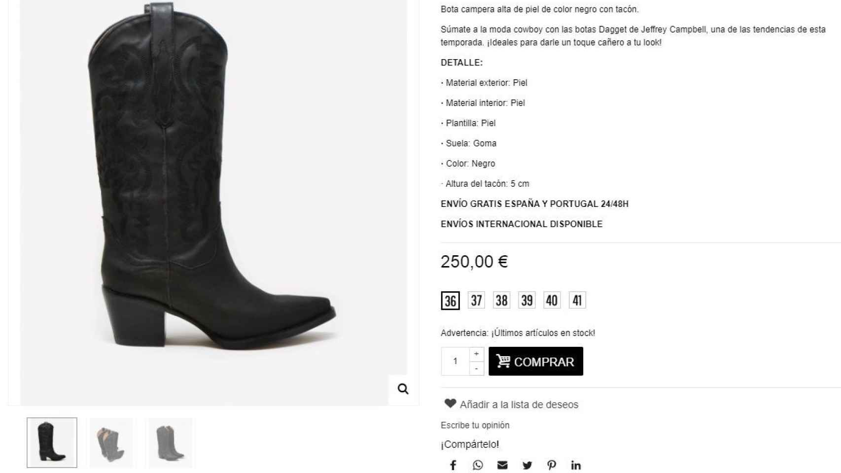 Captura de la tienda online de Au Revoir Cinderella en el momento de la compra de las botas.