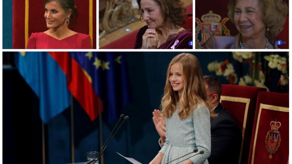 La princesa Leonor durante su discurso ante la atenta mirada de Letizia, la reina Sofía y Paloma Rocasolano.