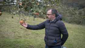 Manolo, en su finca, con las manzanas que le regalará a Letizia.