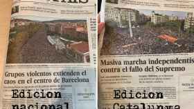 La portada de El País nacional frente a la portada de El País en Cataluña.