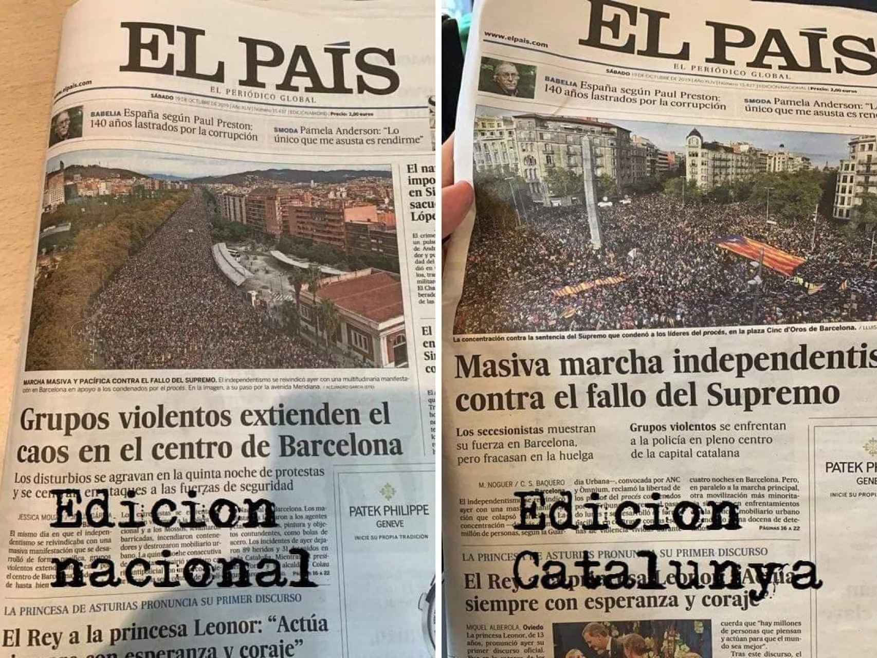 La portada de El País nacional frente a la portada de El País en Cataluña.