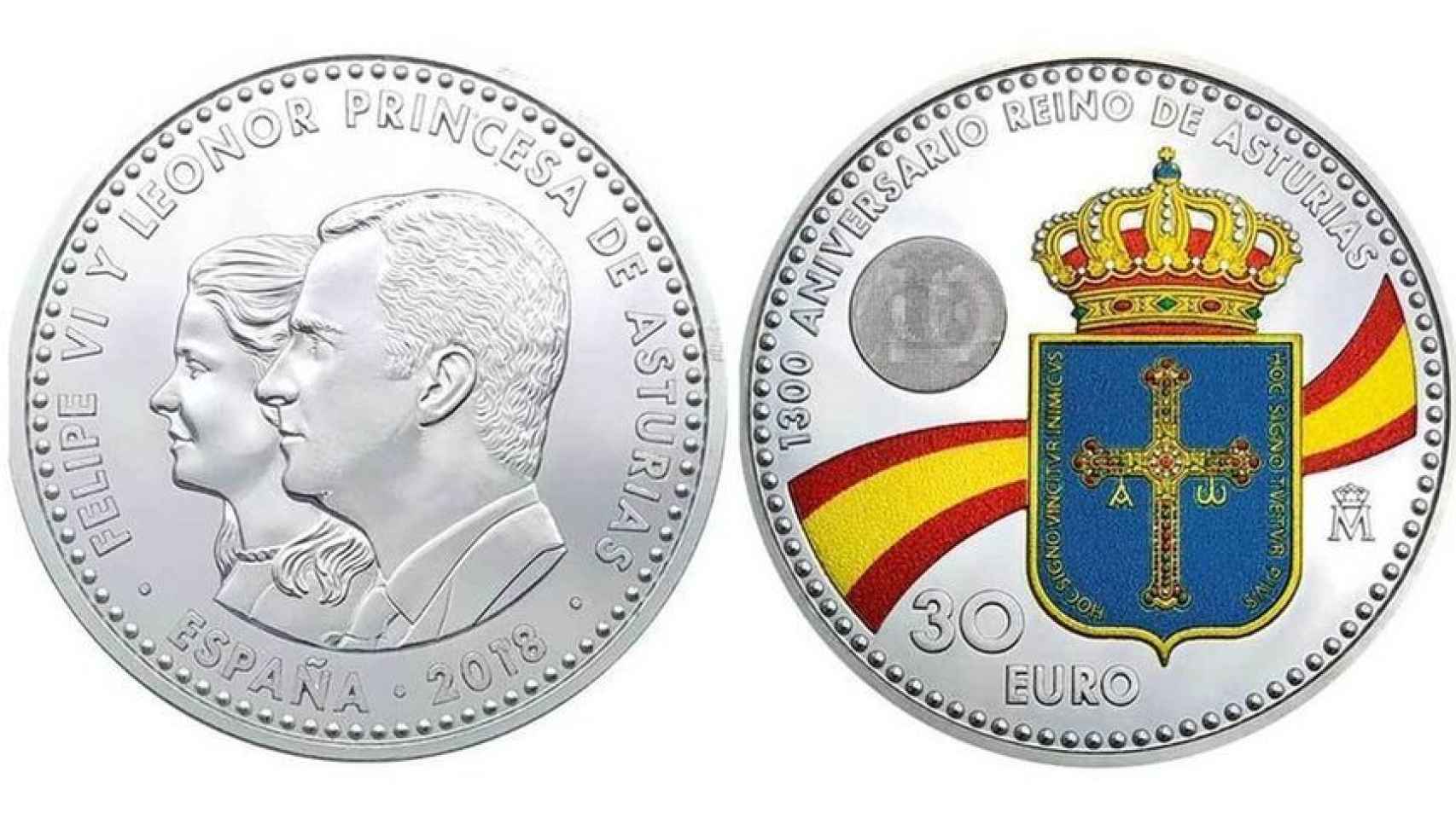 Anverso y reverso de la moneda de 30 euros conmemorativa del 1.300 aniversario del Reino de Asturias.