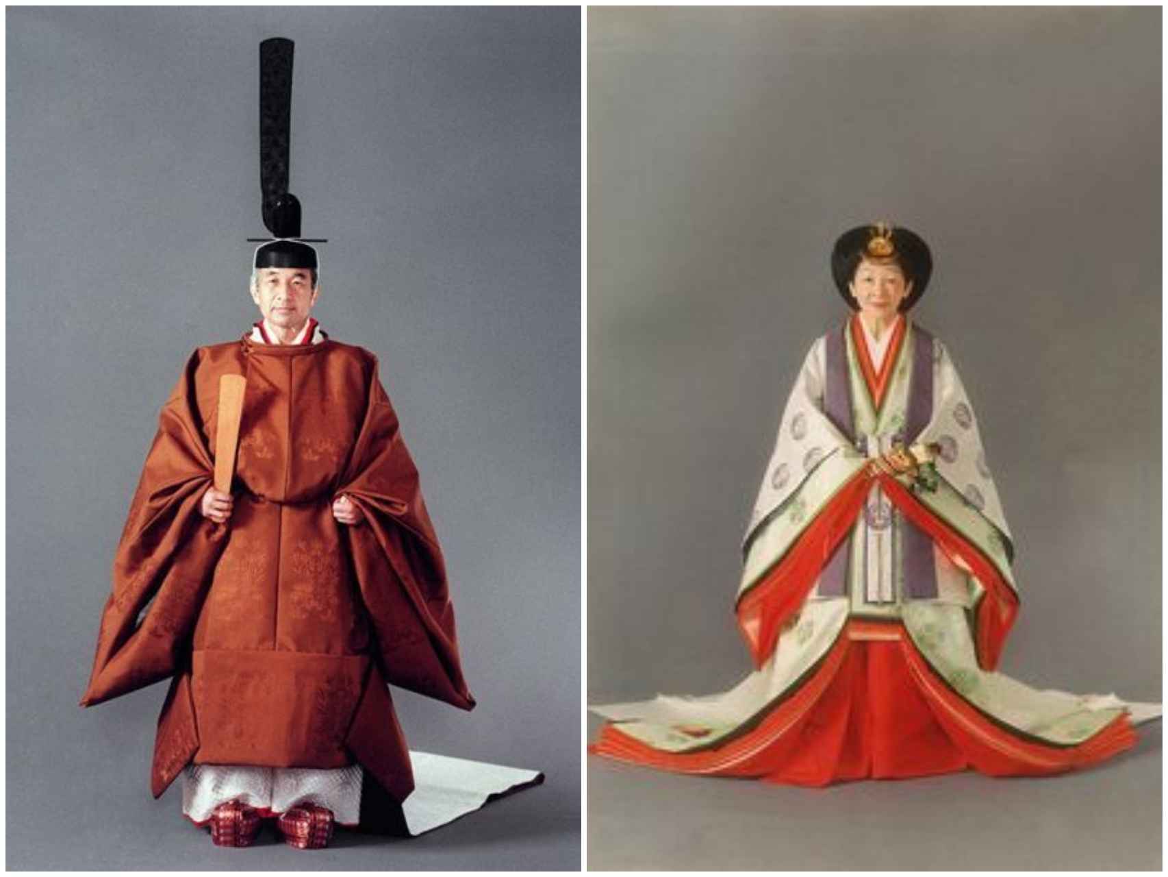 Vestimenta tradicional que llevaron el emperador Akihito y su mujer, Michiko, durante su ceremonia de entronización en 1990.