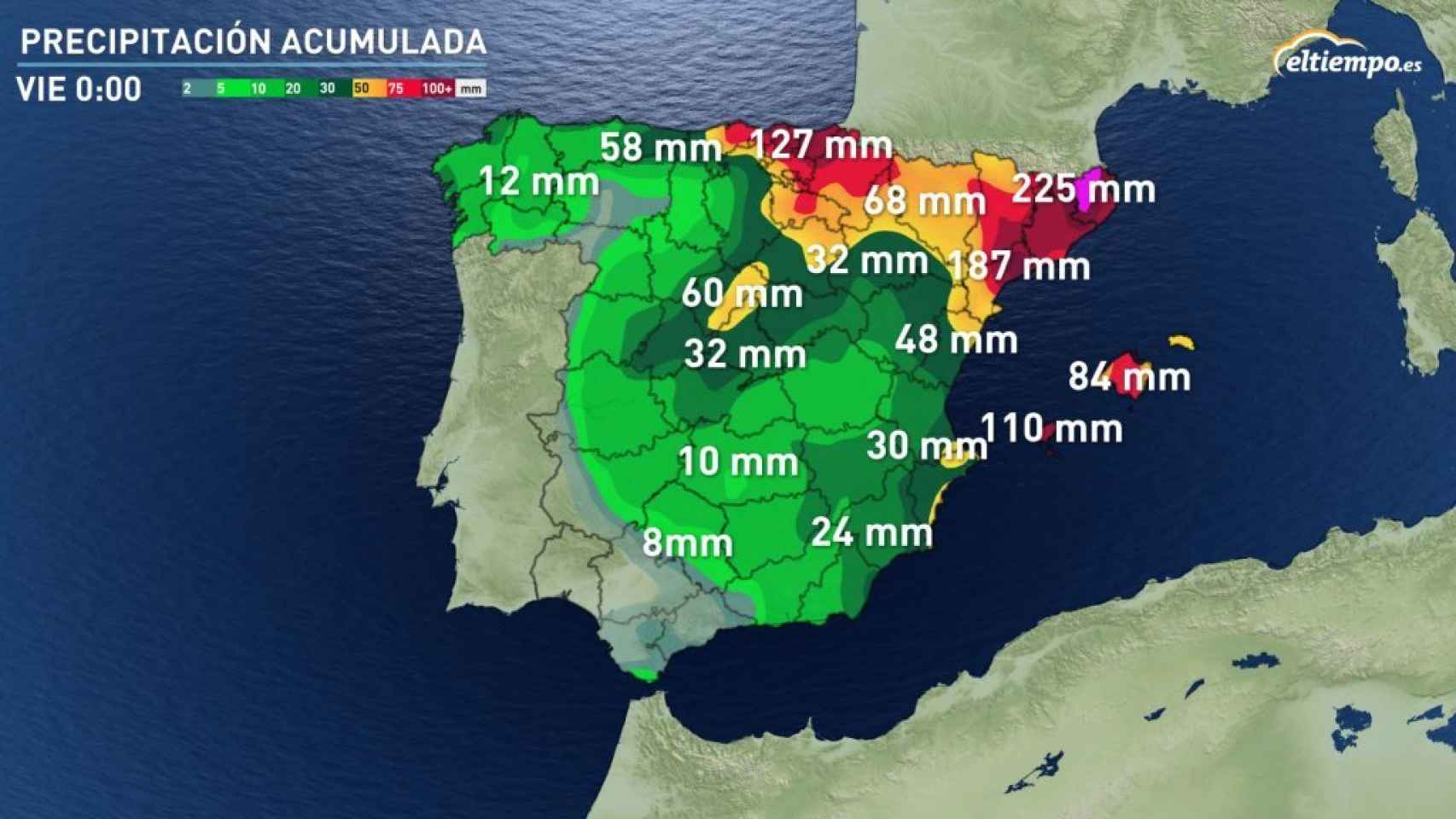 Previsión de precipitaciones acumuladas a lo largo de la semana según eltiempo.es.
