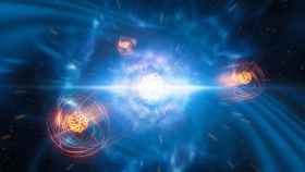 Representación artística del estroncio emergiendo de una fusión de estrellas de neutrones.
