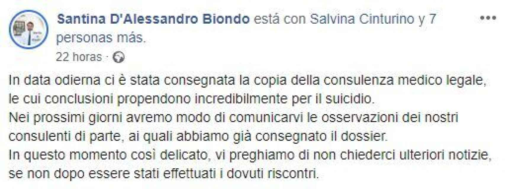 Post de Santina D'Alessandro en Facebook.