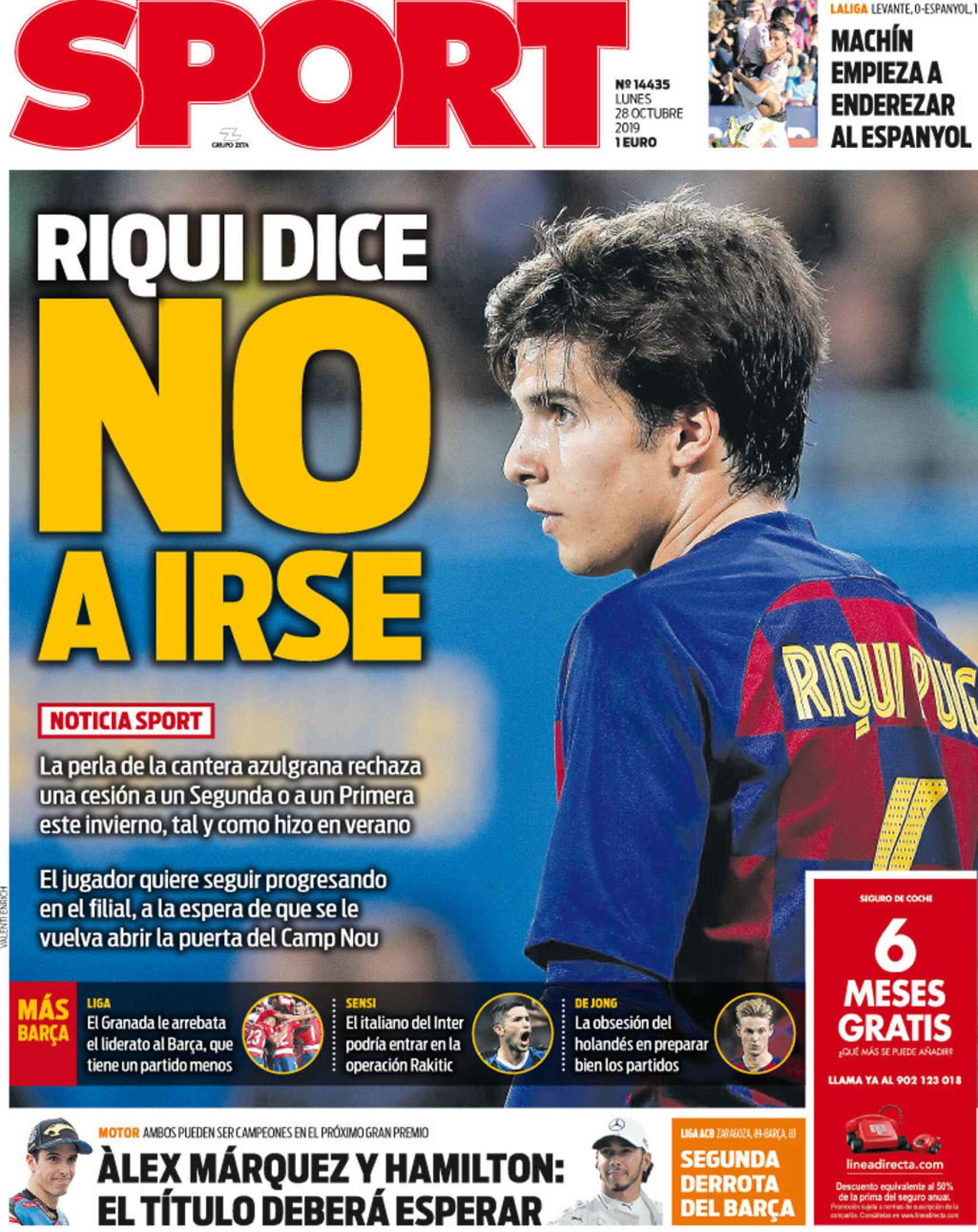 La portada del diario Sport (28/10/2019)