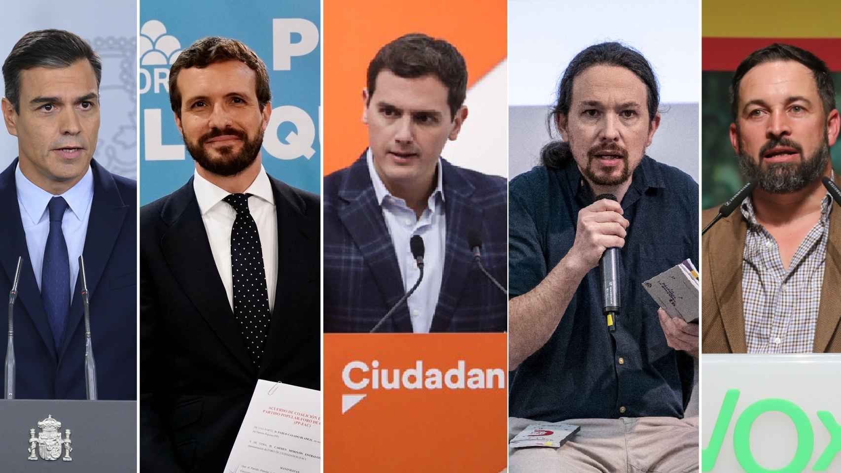 Pedro Sánchez (PSOE), Pablo Casado (PP), Albert Rivera (Cs), Pablo Iglesias (Podemos) y Santiago Abascal (Vox).