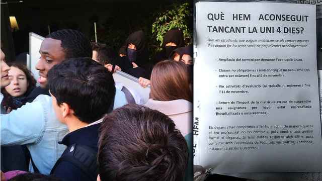Forcejeos, ayer martes, entre universitarios catalanes que quieren ir a clase y copia del documento que contempla beneficios para quienes participen en disturbios.