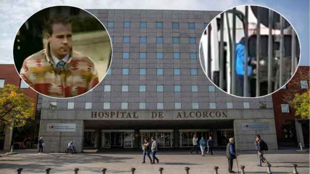 Juanjo, y el hospital de Alcorcón donde trabaja. En el círculo derecho, Juanjo al ser trasladado por la Guardia Civil.