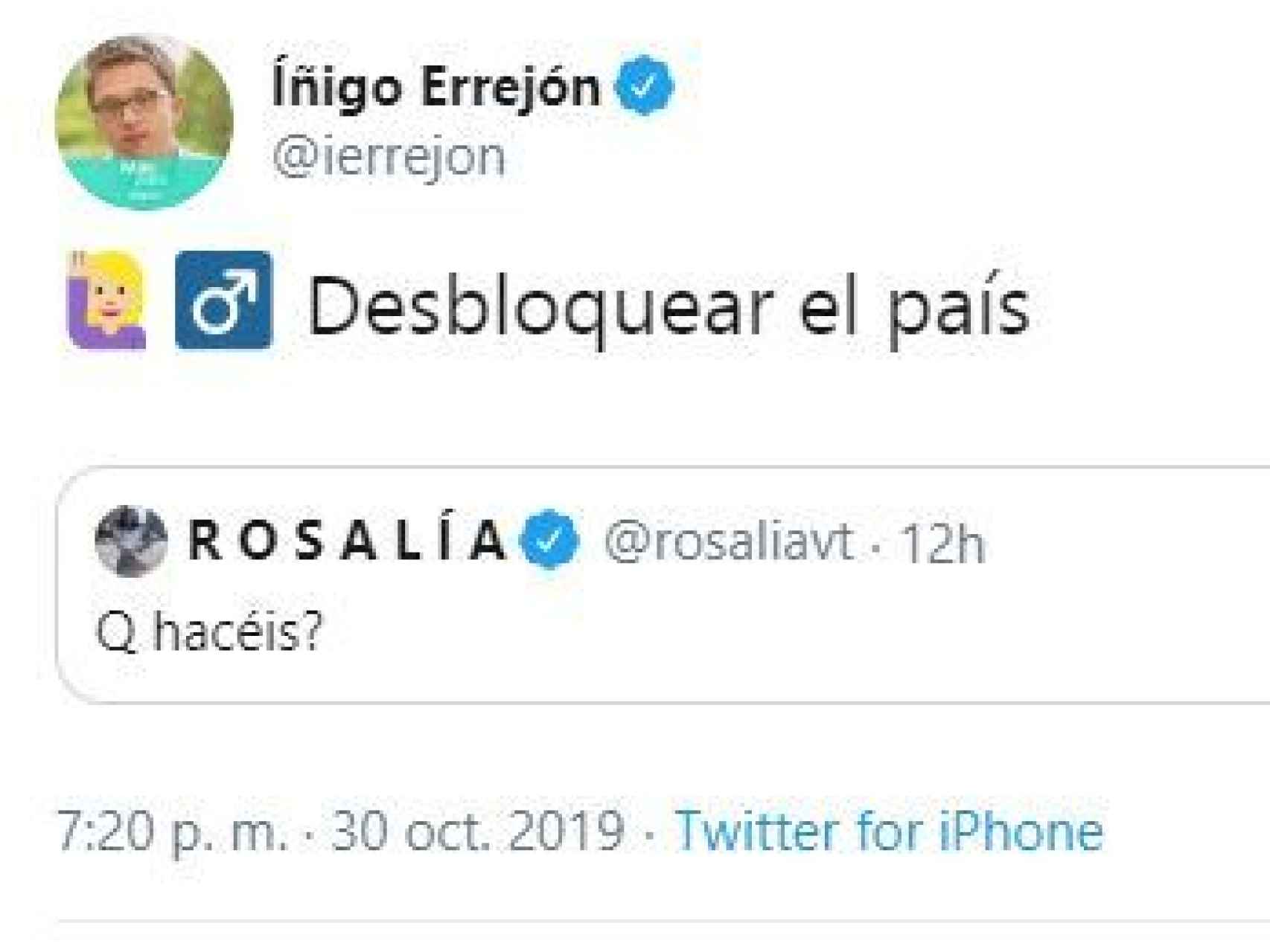 El tuit de Errejón a Rosalía... aún sin respuesta.