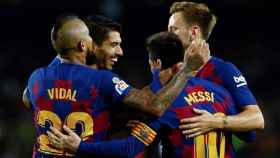 Los jugadores del Barça celebran un gol ante el Valladolid