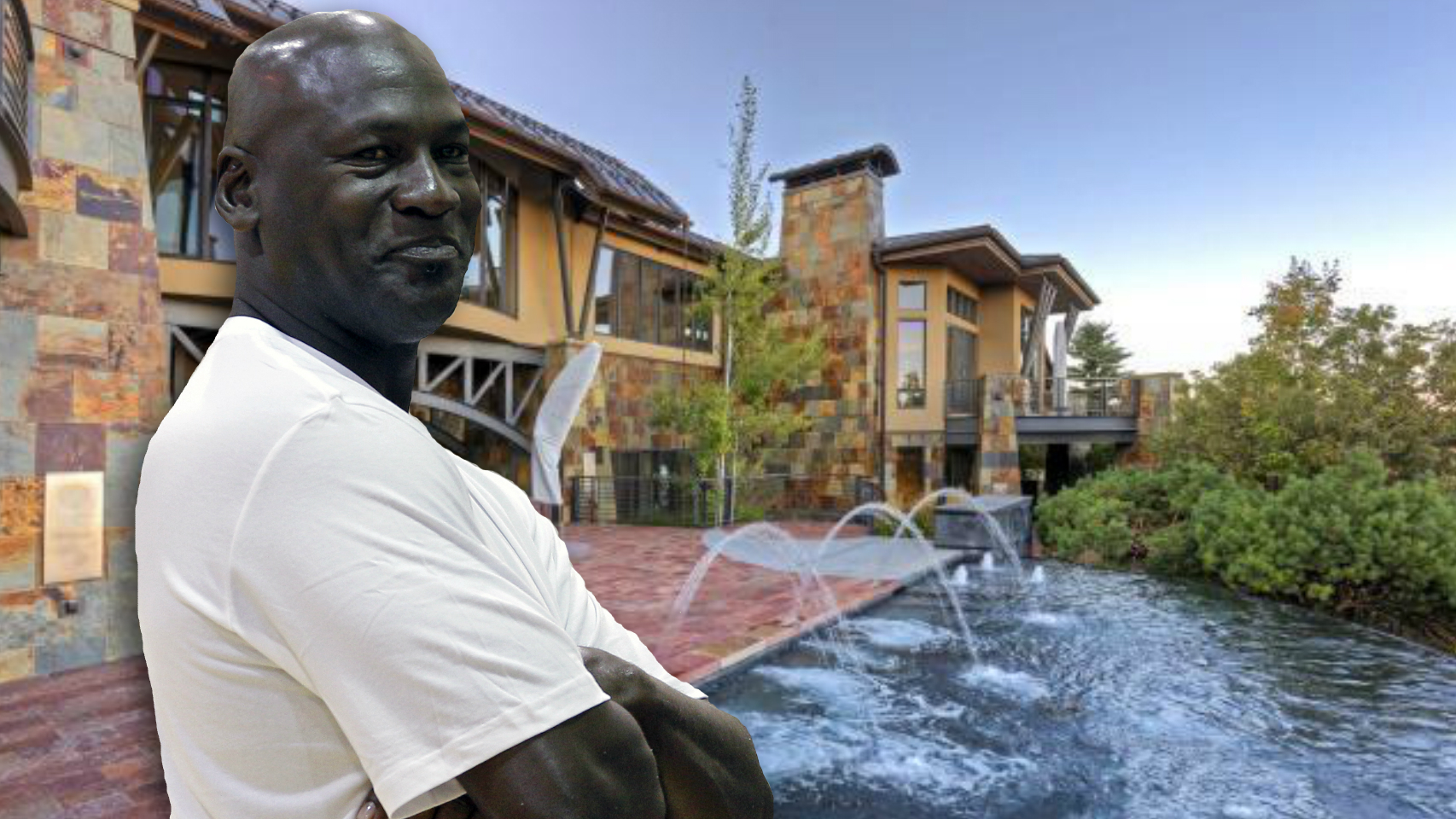 Michael Jordan en un montaje de JALEOS frente a su exclusiva mansión de Utah.