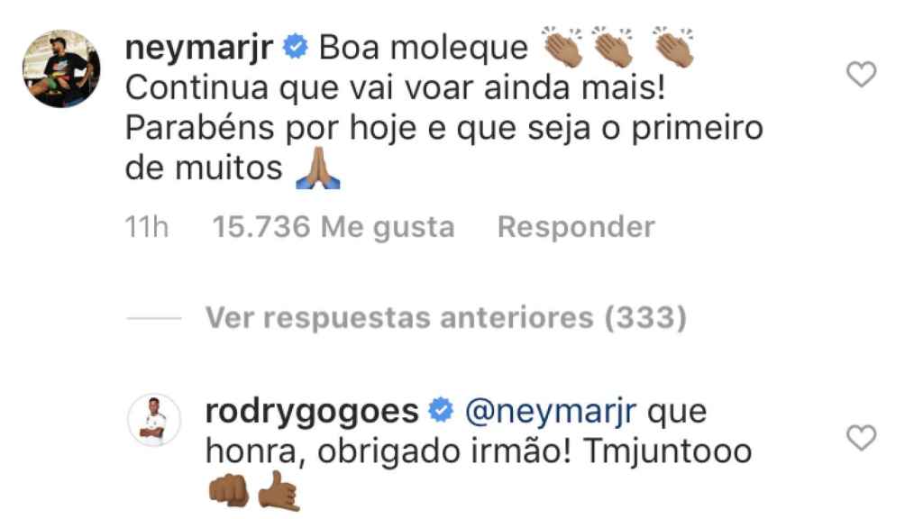 La felicitación de Neymar a Rodrygo por el hat-trick en Champions