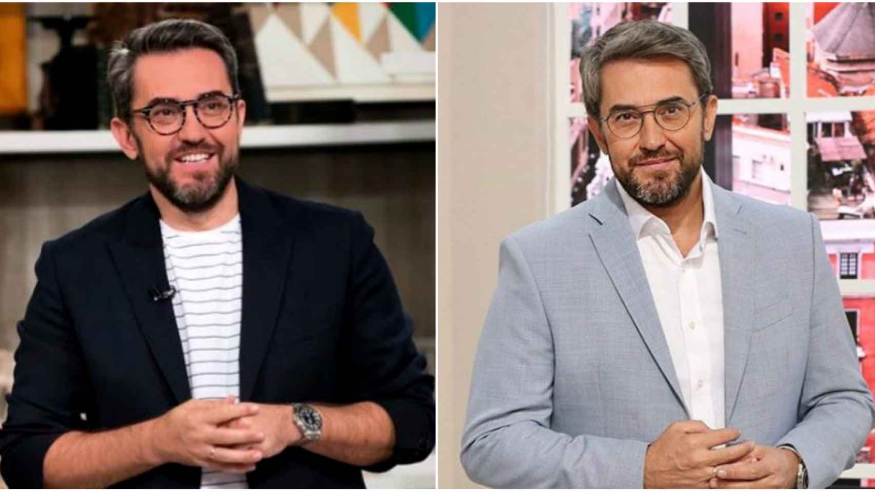 Máximo Huerta en dos programas diferentes con estilismos dispares y montura de gafas distintas.