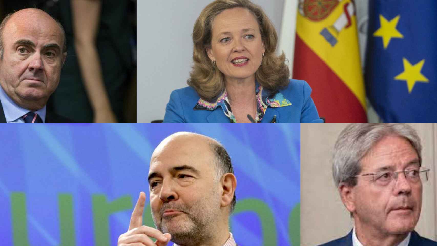 Luis de Guindos, Nadia Calviño, Pierre Moscovici y Paolo Gentiloni.