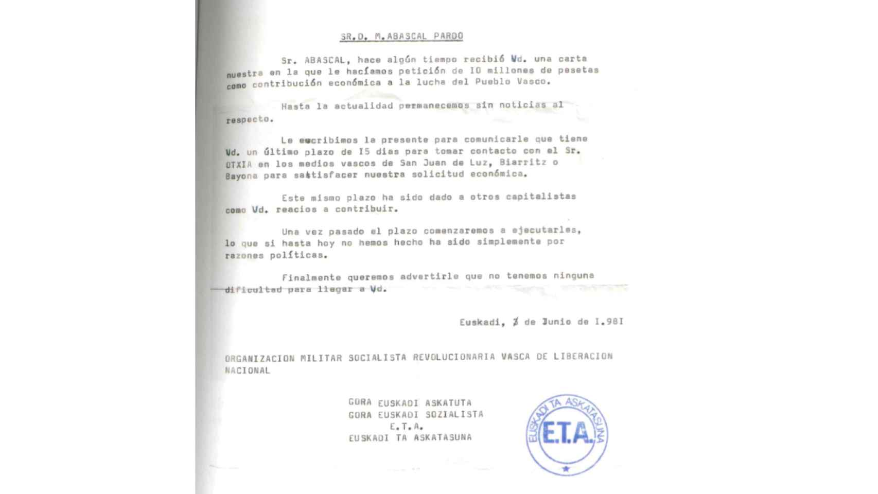 Carta de amenaza a Manolo Abascal remitida por ETA, en 1981.