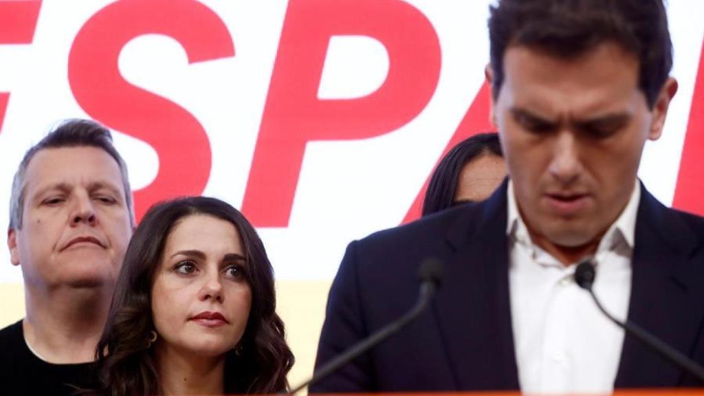 Rivera, junto a Arrimadas, durante la valoración electoral de Ciudadanos, en Madrid.