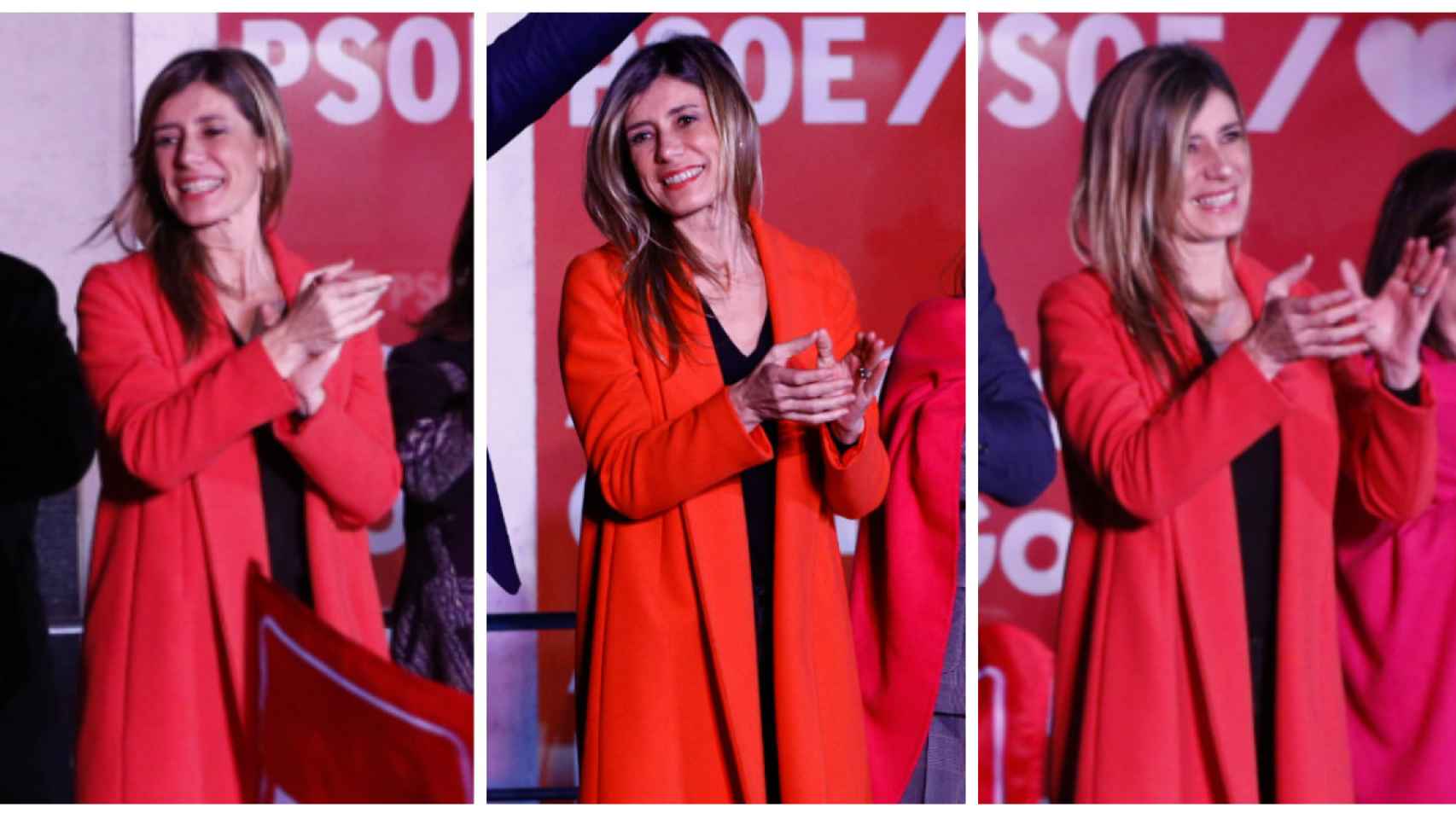 Begoña Gómez aplaudiendo durante el discurso de Pedro Sánchez tras los resultados electorales.