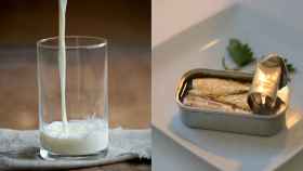 A la izquierda, un vaso de leche; a la derecha, una lata de sardinas abierta.