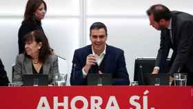 Spain's acting Prime Minister Pedro Sanchez addresses a Socialists executive board meeting at party headquarters in Madrid