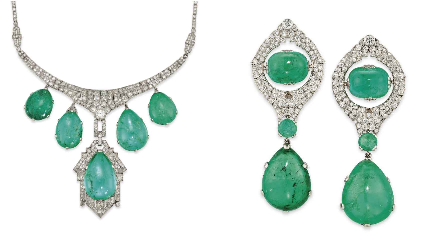 Collar de esmeraldas con gargantilla de platino y diamantes y pendientes a juego.