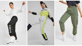 Tres modelos de pantalones 'slouchy' de Ellesse, Adidas y Puma.