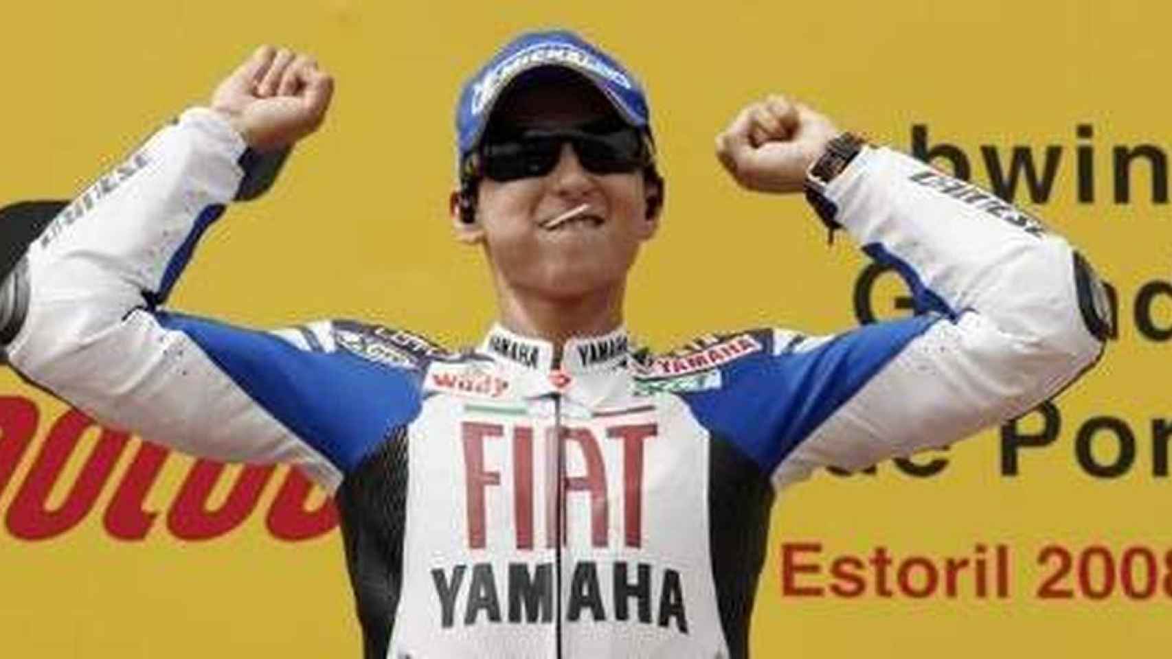 Jorge Lorenzo celebra su primera victoria en MotoGP en Estoril 2008