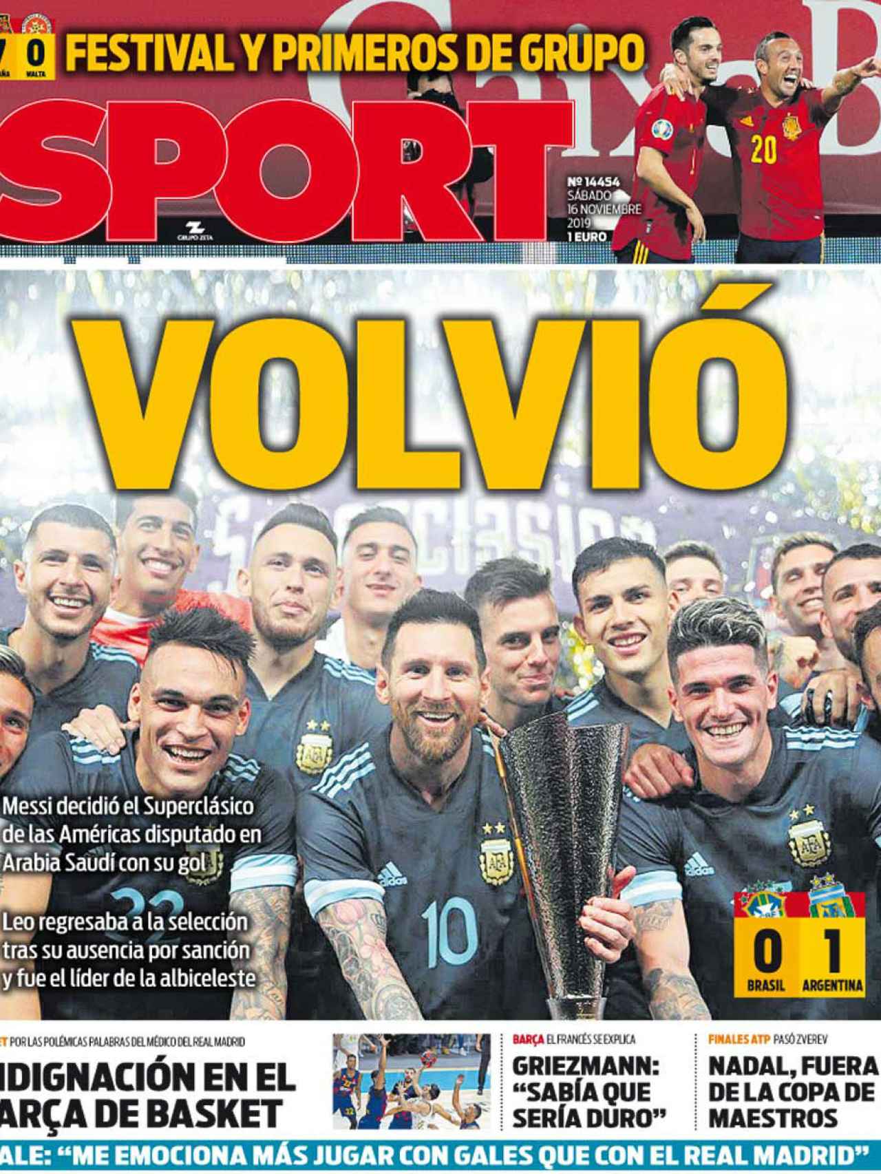 La portada del diario Sport (16/11/2019)
