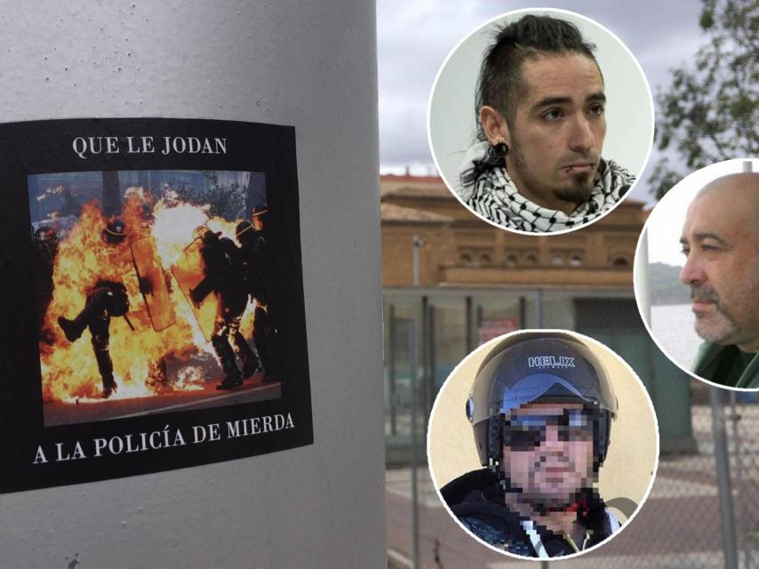 Cartel contra la Policía Nacional en Zaragoza. Sobre él, Rodrigo Lanza (arriba), su víctima mortal (c) y un motero agredido.