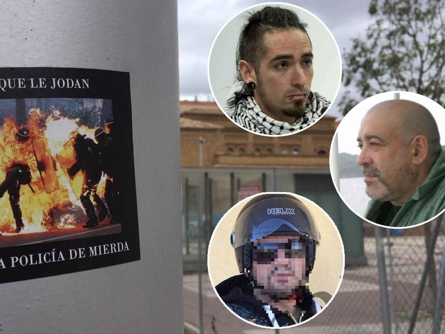 Cartel contra la Policía Nacional en Zaragoza. Sobre él, Rodrigo Lanza (arriba), su víctima mortal (c) y un motero agredido.