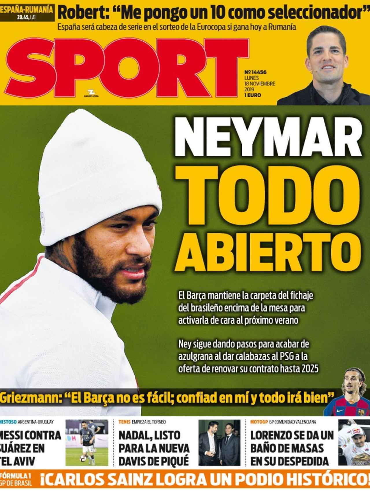 La portada del diario Sport (18/11/2019)