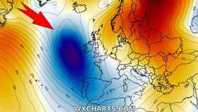 El modelo que muestra la llegada de la primera borrasca de noviembre a la Península. Severe-weather.eu.